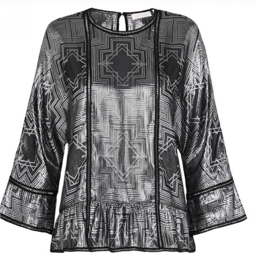 🎀Sass & Bide silk round neck metallic night wings pull over short sleeve blouse